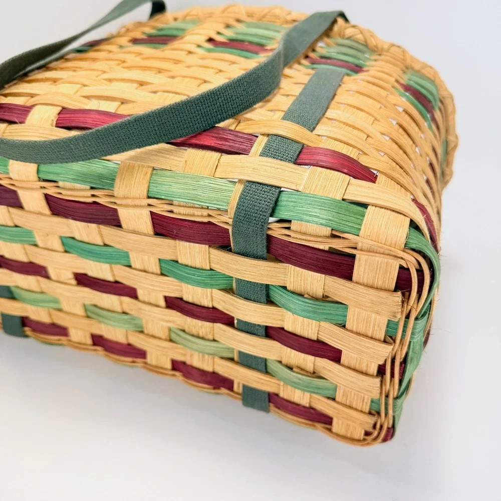 Vintage Woven Wicker Basket with Cloth Handles Tan Green Burgundy